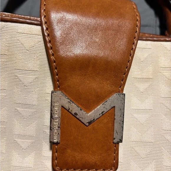 MICHAEL KORS Handbag Purse Large White Canvas Brown Leather Tote Bag - Picture 3 of 10